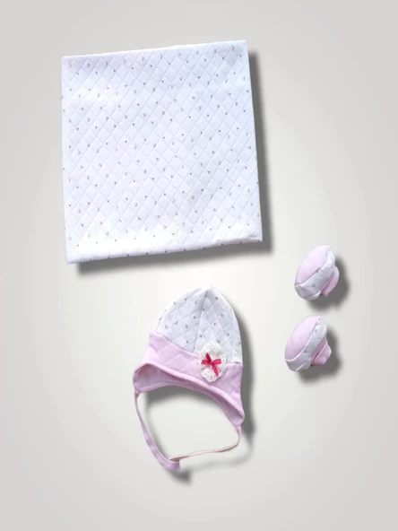 LitaeTrend Yenidoğan Baskılı Double Face Şapka Ve Patikli 3lü Bebek Battaniye Takımı Pembe ürün görseli 1