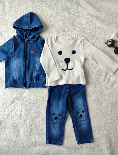 LitaeTrend 9-12-18-24 Ay Kot Kumaş Kapşonlu Uzun Kol Sweatli Kot Kumaş 3lü Erkek Bebek Takımı Mavi - Resim 3