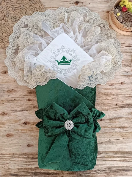 LitaeTrend Yenidoğan Saray Kadife Taç Nakışlı İnci Fiyonklu Çift Dantel Duvak Trilüks Kundak Bebek Battaniyesi Yeşil ürün görseli 1