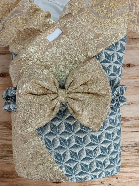 LitaeTrend Yenidoğan Ultralüks Piramit Desenli Güpürlü Bebek Battaniyesi Kundak Gold - Resim 4