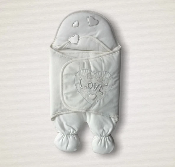 LitaeTrend Yenidoğan Lüks Üç Kalp Love Nakışlı Kız Bebek Ayaklı Kundak Bebek Battaniyesi Ekru ürün görseli 1