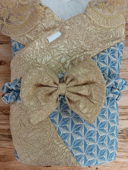 LitaeTrend Yenidoğan Piramit Desenli Güpür İşlemeli Bebek Battaniyesi Kundak Gold - Resim 2