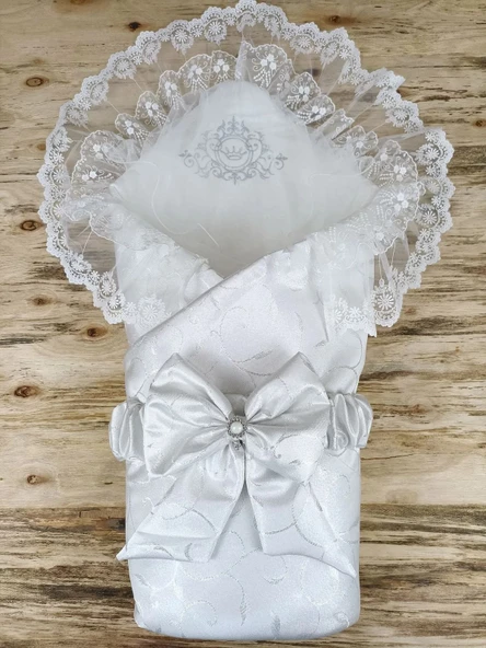 LitaeTrend Yenidoğan Pırıltı Taç Nakışlı İnci Delüks Kundak Bebek Battaniyesi Ekru ürün görseli 1