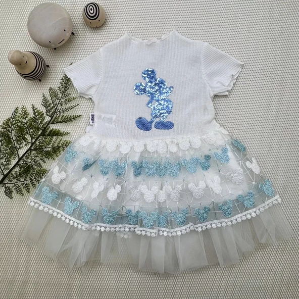 LitaeTrend 1-2-3 Yaş Payetli Mickey Baskılı Brode Etekli Kız Bebek Elbisesi Turkuaz ürün görseli 1