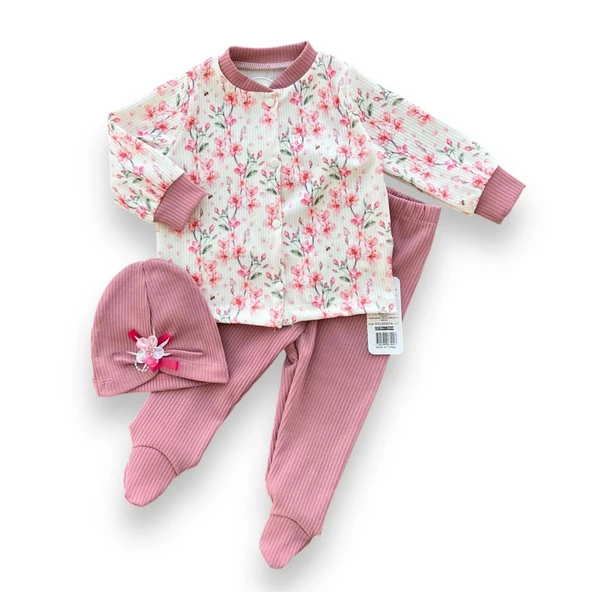 LitaeTrend 3-6-9-12 Ay Çiçek Baskılı Şapkalı Çıtçıt Kapamalı Patikli 3lü Kız Bebek Takımı Gül Kurusu ürün görseli 1