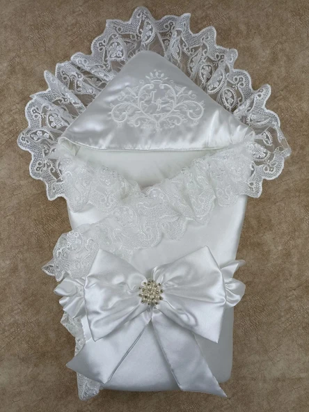 LitaeTrend Yenidoğan Pırıltı Nakış Detaylı Lüks Kundak Bebek Battaniyesi Ekru ürün görseli 1