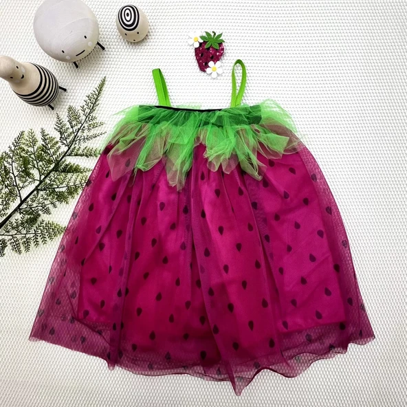 LitaeTrend 2-3-4 Yaş Askılı Çilek Kostüm Kız Çocuk Elbise Fuşya ürün görseli 1
