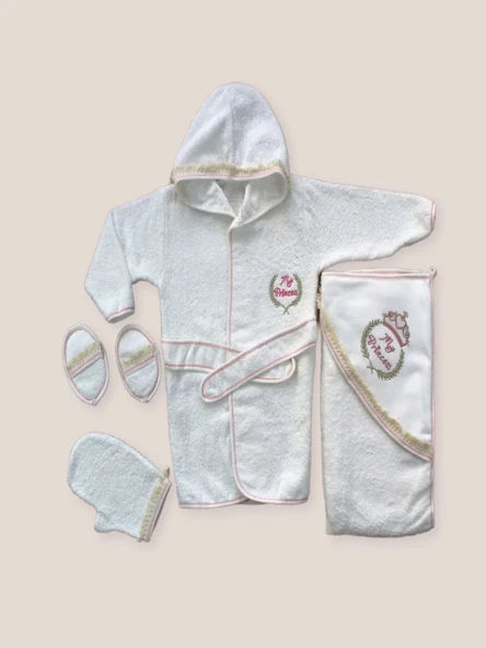 LitaeTrend 0-6 Ay Kaplan Nakışlı Bornozlu 5li Kız Bebek Havlu Silgi Takımı Pembe ürün görseli