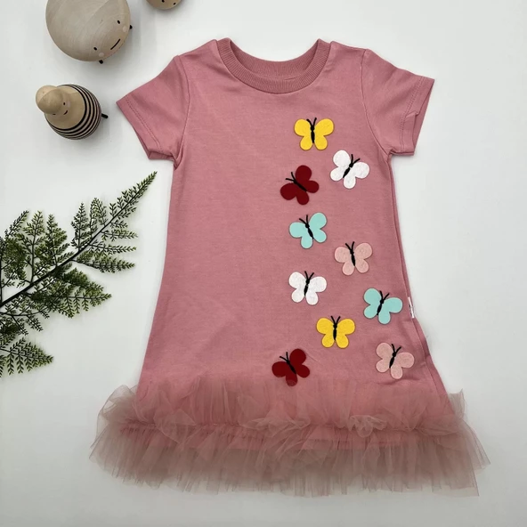 LitaeTrend 1-2-3 Yaş Renkli Kelebekler Nakışlı Eteği Fırfırlı Jile Çocuk Elbisesi Gül Kurusu ürün görseli 1