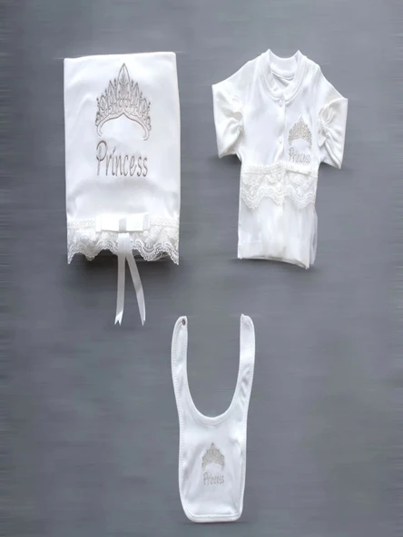 LitaeTrend Taçlı Prensesim Nakışlı  10lu Zıbın Takımı Hastane Çıkışı Ekru - Resim 3