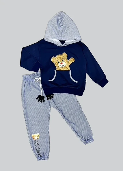 LitaeTrend 2-3-4 Yaş Pelüş Ayı Desenli Kapşonlu Uzun Kollu Penye Sweat 2li Erkek Çocuk Takımı Lacivert ürün görseli 1