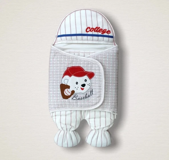 LitaeTrend Yenidoğan Beyzbolcu Nakışlı Ayaklı Erkek Bebek Kundak Ekru ürün görseli 1
