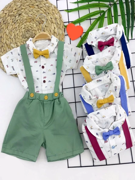 LitaeTrend 9-12-18-24 Ay Pamuk Keten Cepli Çizgili 2li Erkek Bebek Salopet Takımı Sarı ürün görseli 1