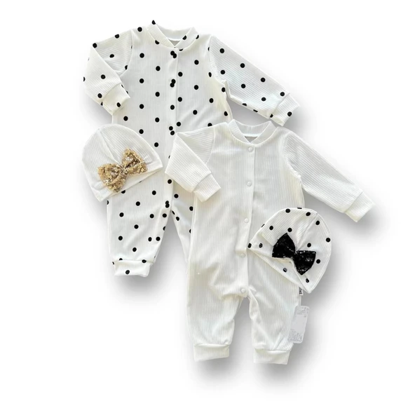 LitaeTrend 0-3 3-6 6-9 Ay Payetli Şapka Çıtçıt Kapamalı Puantiyeli Ve Düz 2 Li Kombin Kız Bebek Tulumları Beyaz ürün görseli 1