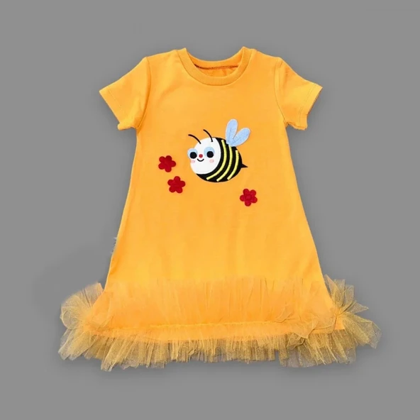 LitaeTrend 1-2-3 Yaş Arıcık Nakışlı Eteği Fırfırlı Jile Kız Çocuk Elbisesi Turuncu - Resim 2