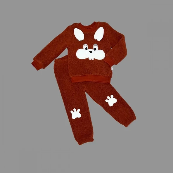 LitaeTrend 1-2-3 Yaş Kulaklı Tavşan Figürlü Kuzu Kumaş Sweat Pantolon Uzun Kollu Kız Erkek 2 Li Takımı Kahverengi ürün görseli 1