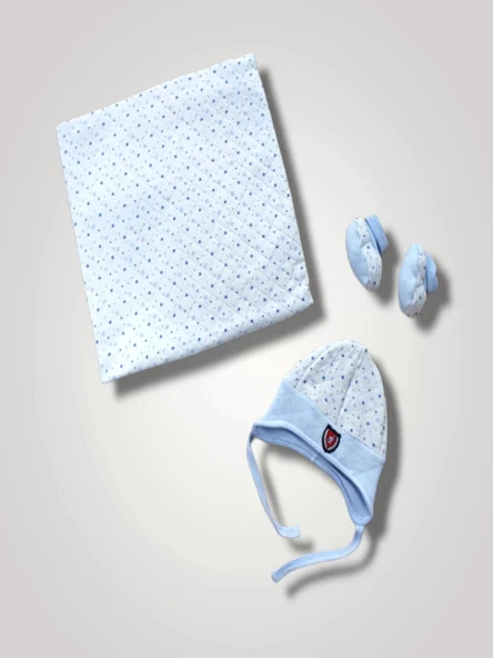 LitaeTrend Yenidoğan Baskılı Double Face Şapka Ve Patikli 3lü Bebek Battaniye Takımı Mavi ürün görseli 1