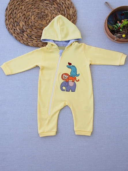 LitaeTrend 6-9 9-12 Ay Ef Çizgi Boy Fermuarlı Hayvanlar Alemi Nakışlı Kapşonlu Kız Erkek Bebek Tulumu Sarı ürün görseli 1