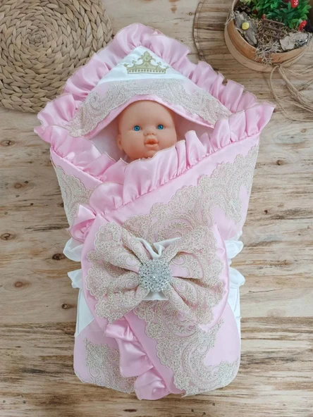 LitaeTrend Yenidoğan Grand Lüks Kelebek Ağır Güpür İşlemeli Şapkalı Bebek Battaniyesi Kundak Pembe - Resim 2