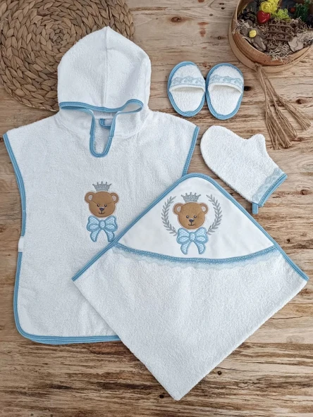 LitaeTrend 0-1 Yaş Bear Nakışlı Pareolu 4lü Erkek Bebek Havlu Silgi Takımı Mavi ürün görseli 1
