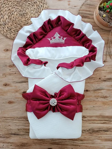 LitaeTrend Yenidoğan Mehtap Lüks Kelebek Taç Nakışlı Bebek Battaniyesi Kundak Bordo ürün görseli 1