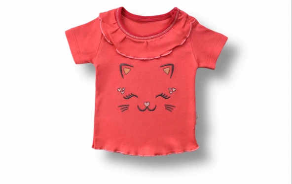 LitaeTrend 6-9 9-12 12-18 Ay Vip Kedi Baskılı Bandanalı Kısa Kollu Sweat 3lü Kız Bebek Takımı Nar Çiçeği - Resim 2