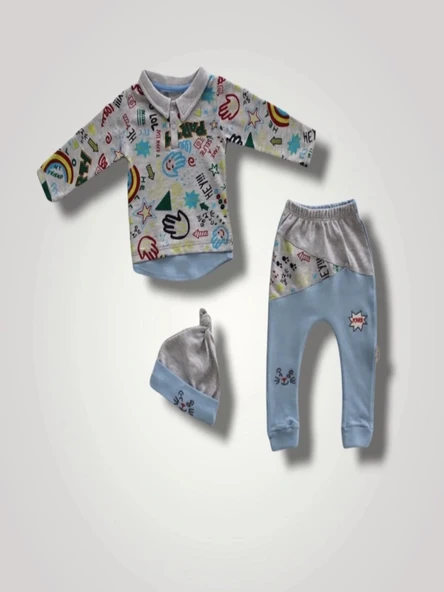 LitaeTrend 6-9 12-18 18-24 Ay Power Kedi Nakışlı Uzun Kollu Sweat Şapkalı 3lü Kız Erkek Bebek Takımı Mavi ürün görseli 1