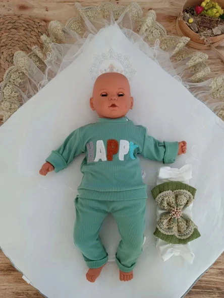 LitaeTrend Yenidoğan Teri Cotton Taç Nakışlı Prizma Taş Kundak Bebek Battaniyesi Yeşil - Resim 5