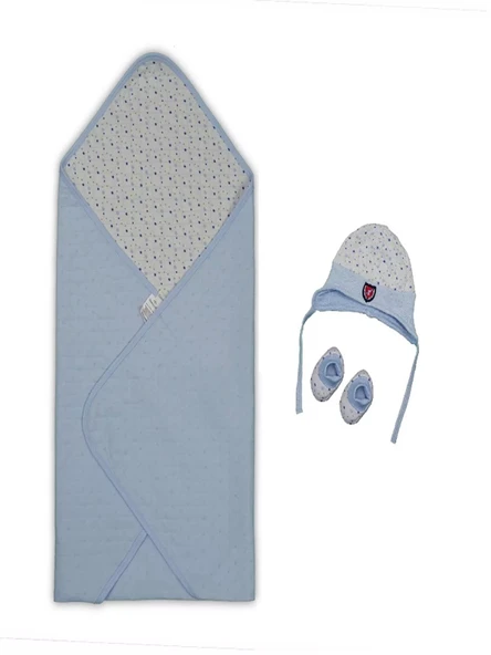 LitaeTrend Yenidoğan Baskılı Double Face Şapka Ve Patikli 3lü Bebek Battaniye Takımı Mavi - Resim 2