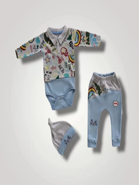 LitaeTrend 6-9 12-18 18-24 Ay Power Kedi Nakışlı Uzun Kollu Zıbınlı Şapkalı 3lü Kız Erkek Bebek Takımı Mavi ürün görseli 1