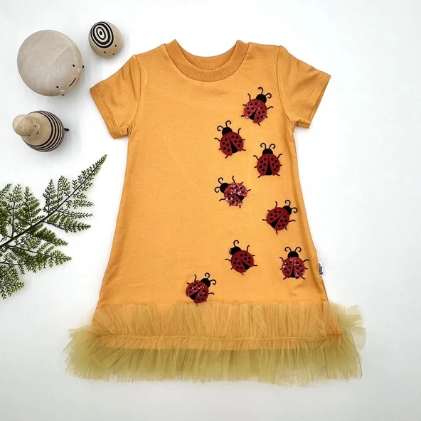 LitaeTrend 1-2-3 Yaş Uğur Böceği Nakışlı Fırfır Uçlu Kız Çocuk Jile Elbisesi Turuncu ürün görseli 1