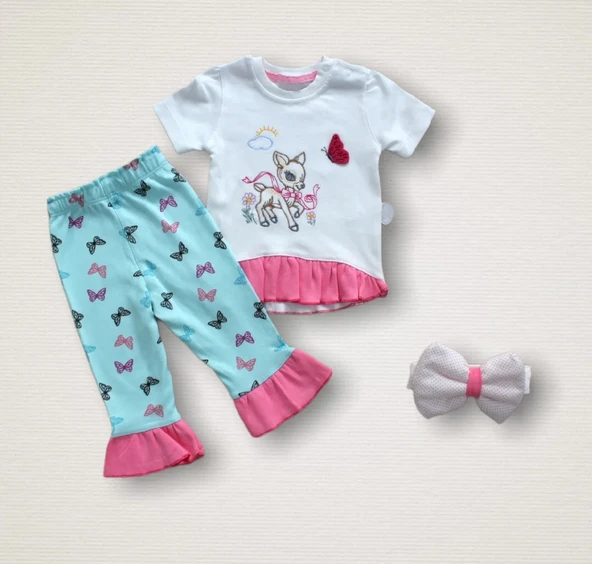 LitaeTrend 6-9 9-12 12-18 Ay Ceylanın Rüyası Baskılı Bandanalı Kısa Kollu Sweat 3lü Kız Bebek Takımı Mint Yeşili ürün görseli 1