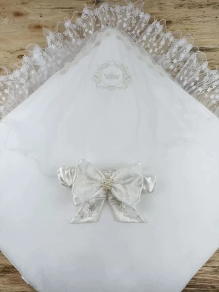 LitaeTrend Yenidoğan İpek Venüs Taç Nakışlı Delüks Kundak Bebek Battaniyesi Ekru - Resim 3