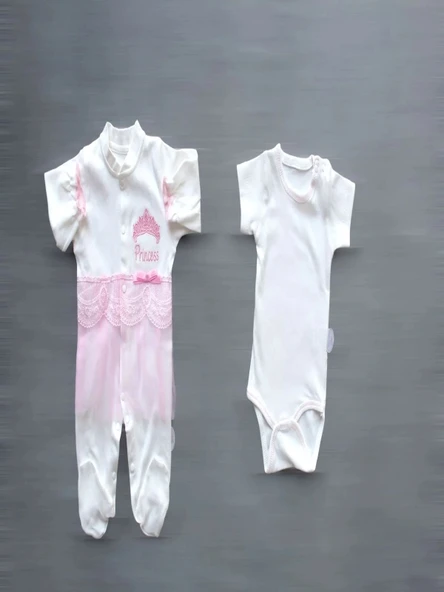 LitaeTrend Taçlı Prensesim Nakışlı  10lu Zıbın Takımı Hastane Çıkışı Pembe - Resim 2