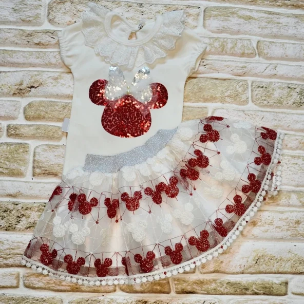 LitaeTrend 1-2-3 Yaş Payetli Mickey Nakışlı Kısa Kollu Brode Etekli 2li Kız Bebek Takımı Kırmızı - Resim 2