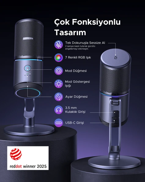 UGREEN Mikrofon 24bit/96kHz Işıklı USB Ses Kontrolü, Yayın, Oyun, Kayıt, PS5 Kondenser Mikrofon, 35629 - Resim 5