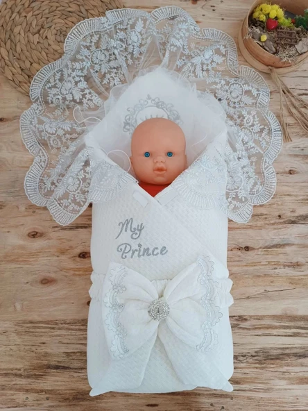 LitaeTrend Yenidoğan Pamuk Taç Benim Prensim Nakışlı Trilüks Kundak Bebek Battaniyesi Ekru - Resim 2