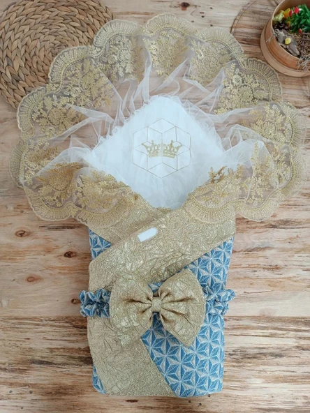 LitaeTrend Yenidoğan Piramit Desenli Güpür İşlemeli Bebek Battaniyesi Kundak Gold ürün görseli 1