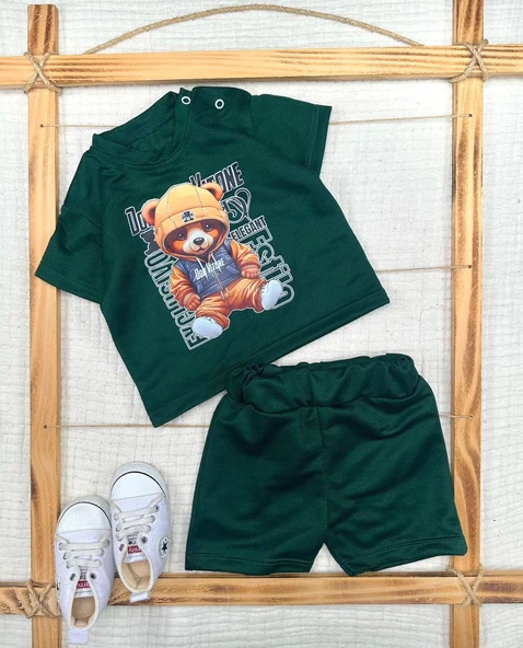 LitaeTrend 9-12-18-24 Ay Dansçı Ayıcık Baskılı Şortlu Kısa Kollu Tişört 2li Erkek Bebek Takımı ürün görseli 1