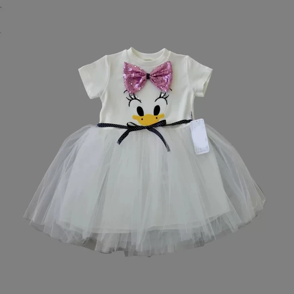 LitaeTrend 1-2-3 Yaş Payet Fiyonk Tokalı Ördek Nakışlı Astarlı Kız Bebek Tütü Elbisesi Beyaz ürün görseli 1