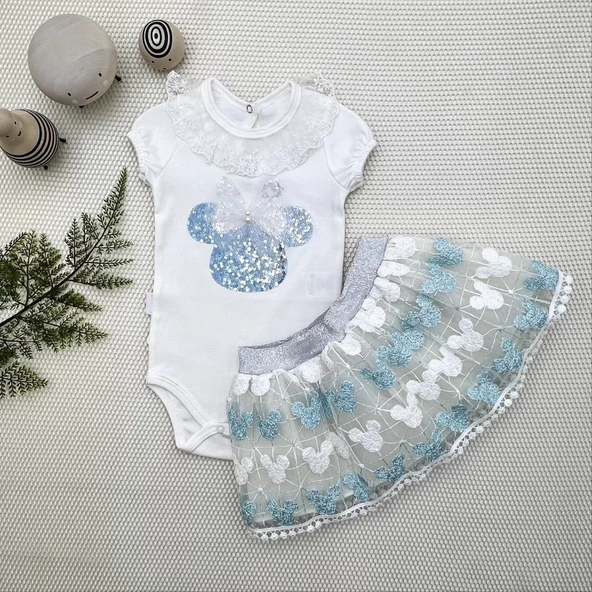 LitaeTrend 1-2-3 Yaş Payetli Mickey Nakışlı Kısa Kollu Brode Etekli 2li Kız Bebek Takımı Turkuaz ürün görseli 1