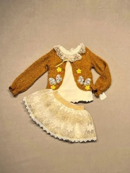 LitaeTrend 1-2-3 Yaş Brode Etekli Örme Hırkalı Uzun Kollu Sweat 3lü Kız Çocuk Takımı Hardal ürün görseli 1