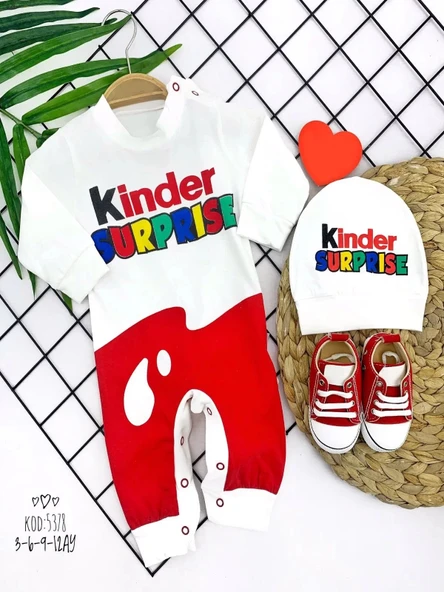 LitaeTrend 3-6-9-12 Ay Kinder Surprise Baskılı Çıtçıt Kapamalı Şapkalı 2li Kız Erkek Bebek Tulumu Ekru ürün görseli 1