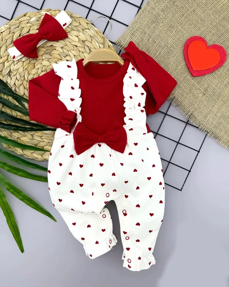 LitaeTrend 3-6-9-12 Ay Bandanalı Fiyonk Detaylı Salopet Görünümlü Kalp Desenli 2li Kız Bebek Tulumu Kırmızı ürün görseli 1