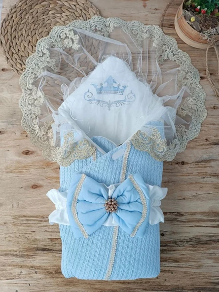 LitaeTrend Yenidoğan Tericotton Örgülü Trilüx Bebek Battaniyesi Kundak Mavi ürün görseli 1