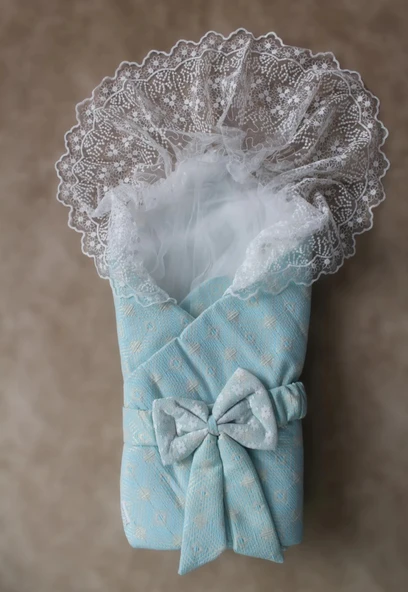 LitaeTrend Yenidoğan Sedef Kareli Duvaklı Kız Kundak Bebek Battaniyesi Mint Yeşili ürün görseli 1