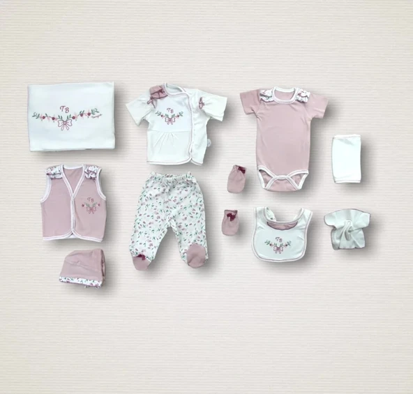 LitaeTrend Bahar Çiçekleri Nakışlı  10lu Zıbın Takımı Hastane Çıkışı Gül Kurusu ürün görseli 1