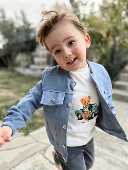 LitaeTrend 4-5-6 Yaş Kot Pantolonlu Nubukceketli Uzun Kollu Penye Sweat 3lü Erkek Çocuk Takımı Yeşil - Resim 3