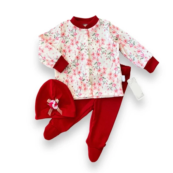 LitaeTrend 3-6-9-12 Ay Çiçek Baskılı Şapkalı Çıtçıt Kapamalı Patikli 3lü Kız Bebek Takımı Kırmızı ürün görseli 1