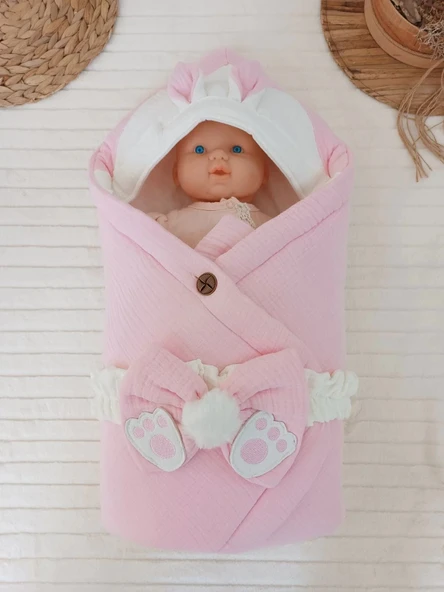LitaeTrend Yenidoğan 4 Kat Müslin Kumaş Kulaklı Patili Fiyonk Bebek Battaniyesi Kundak Pembe - Resim 2